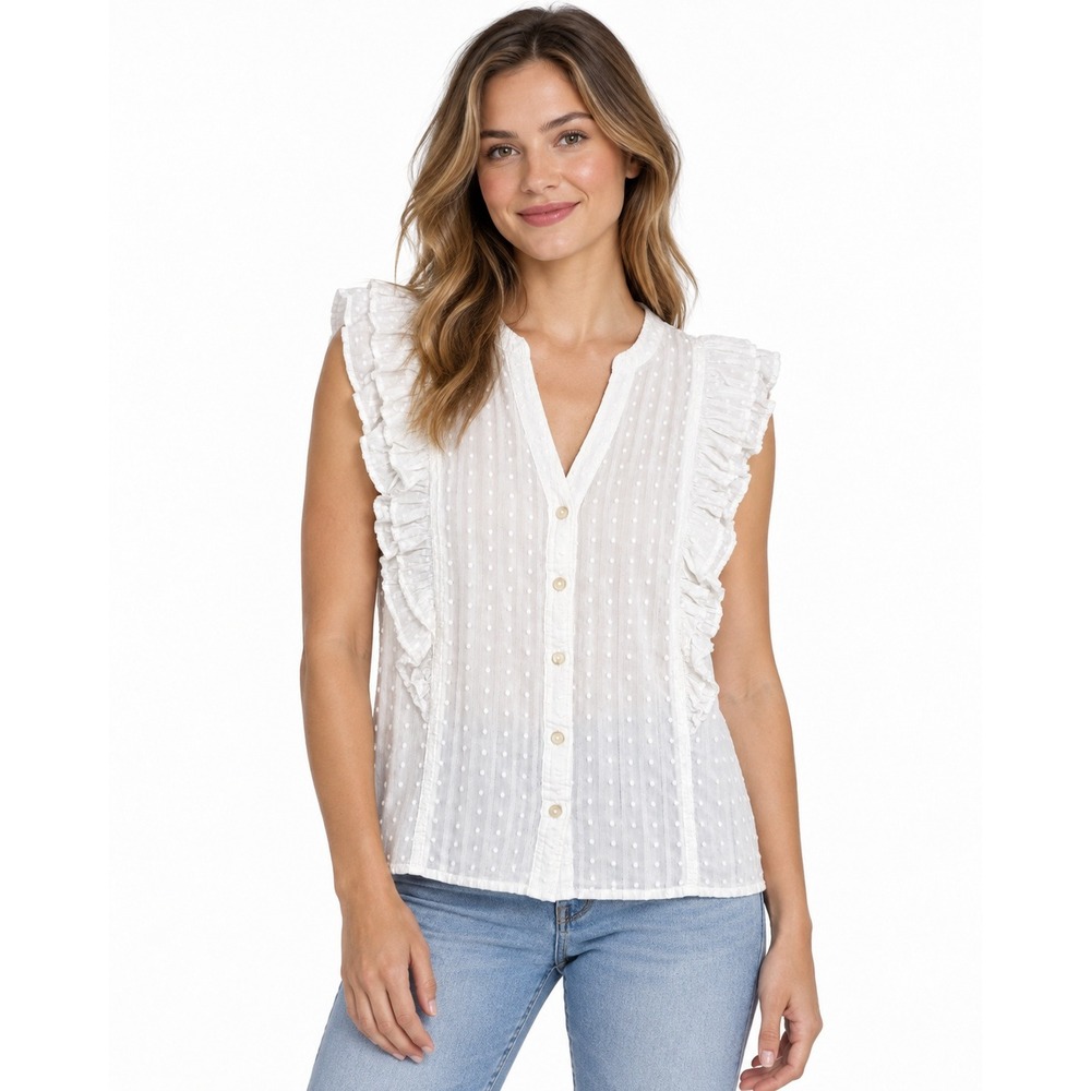 Pilcro Anthropologie White Swiss Dot Metallic Stripe Ruffle Blouse Size Small